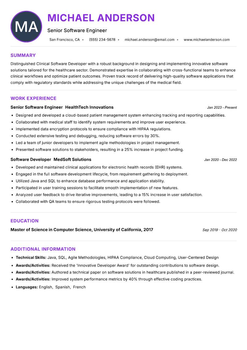 Clinical Software Developer Resume Preview Example