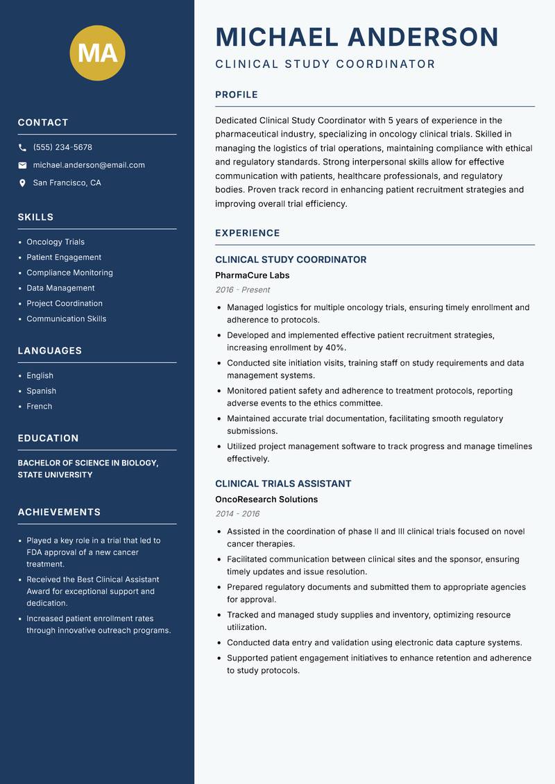 Clinical Study Coordinator Resume Preview Example