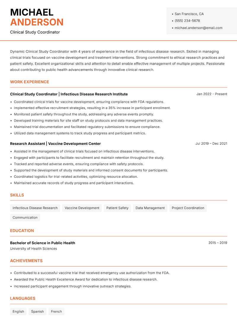 Clinical Study Coordinator Resume Template