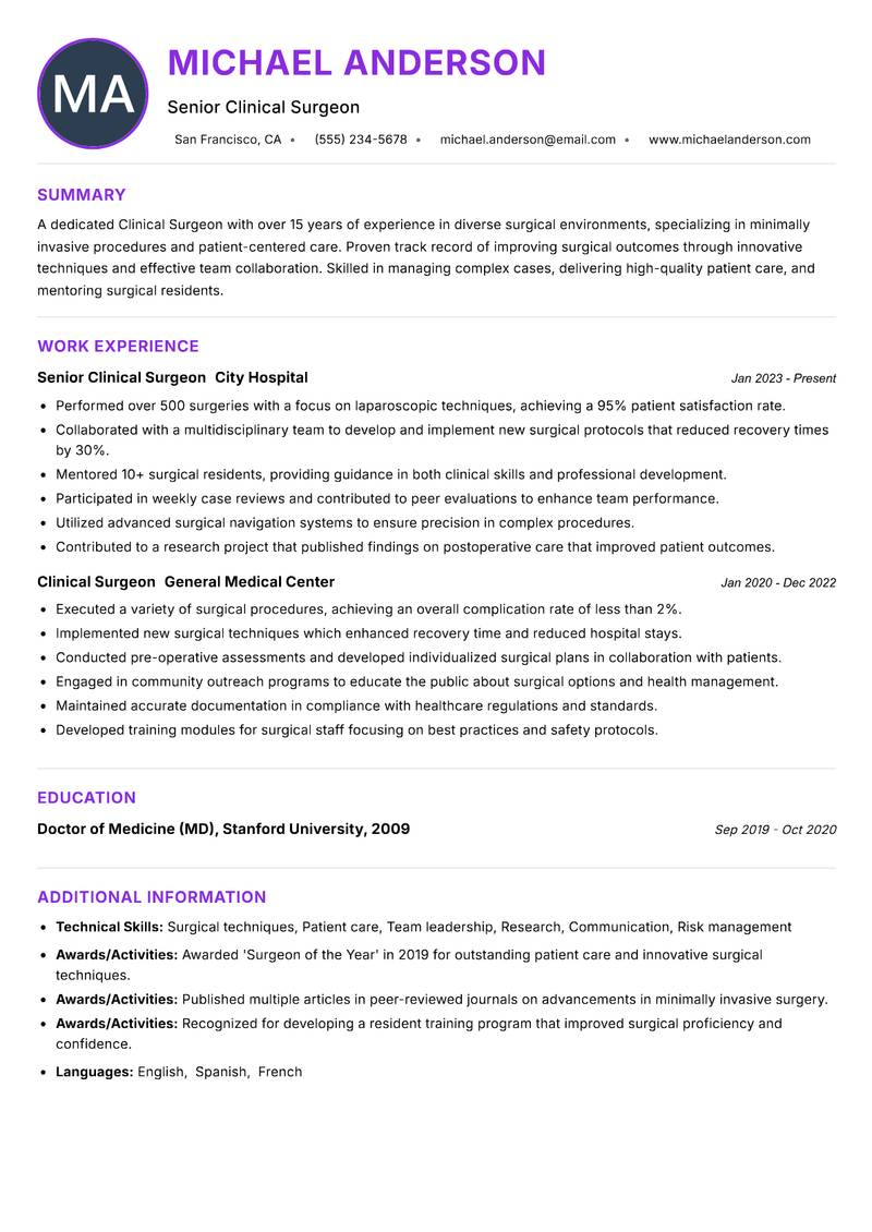 Clinical Surgeon Resume Preview Example