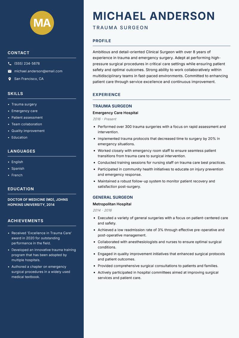Clinical Surgeon Resume Preview Example