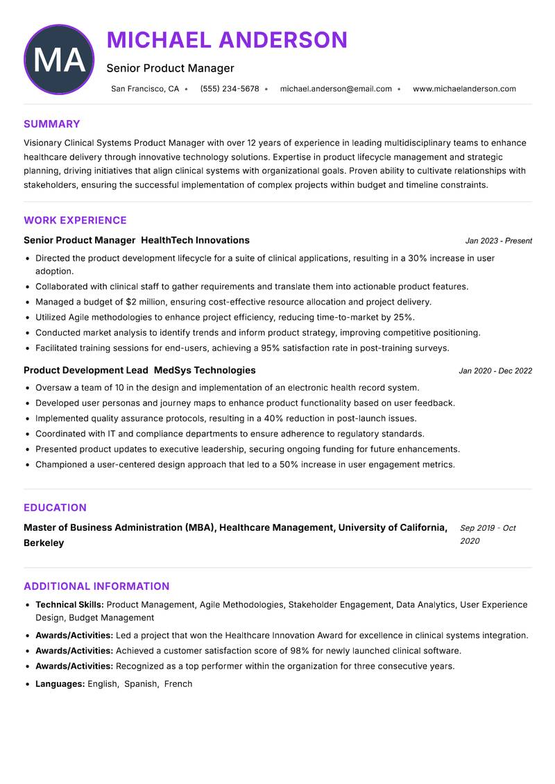 Clinical Systems Product Manager Resume Preview Example