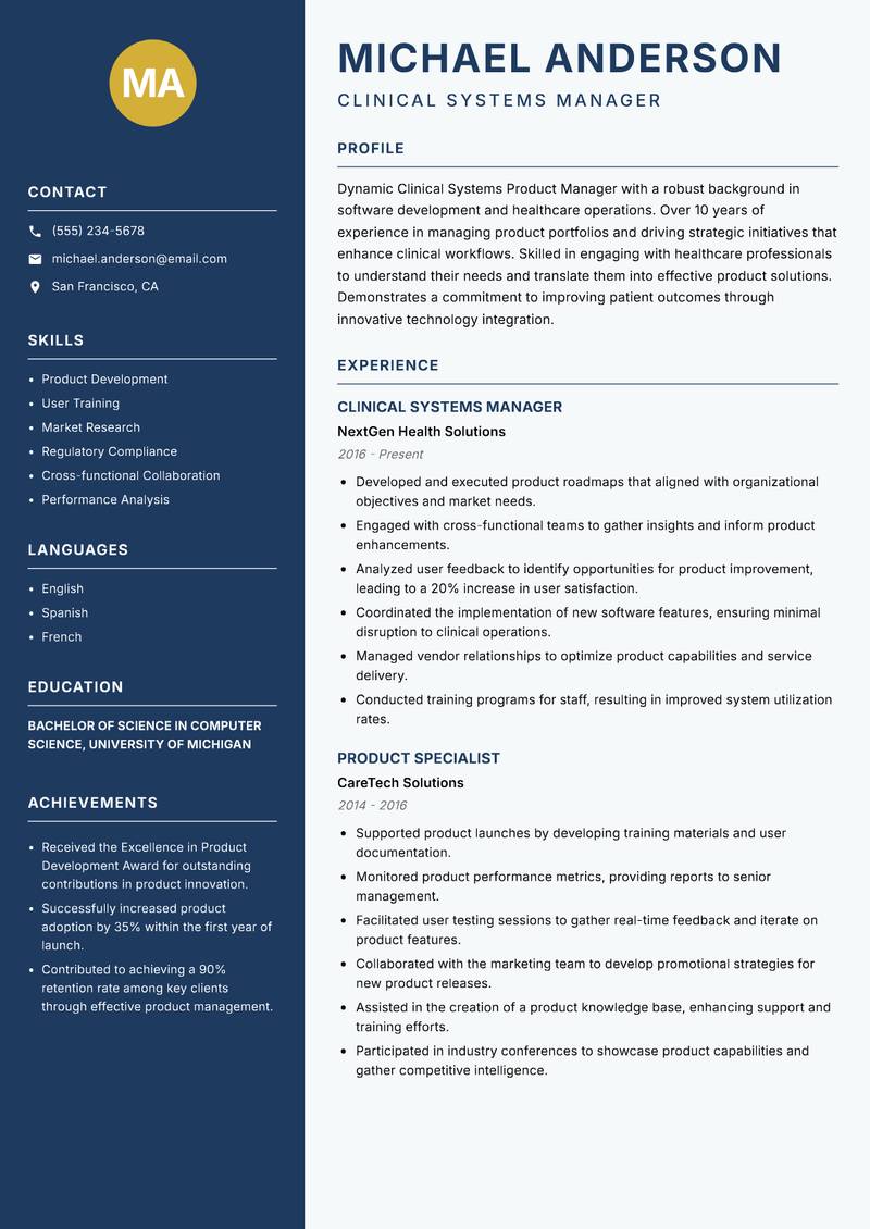 Clinical Systems Product Manager Resume Preview Example