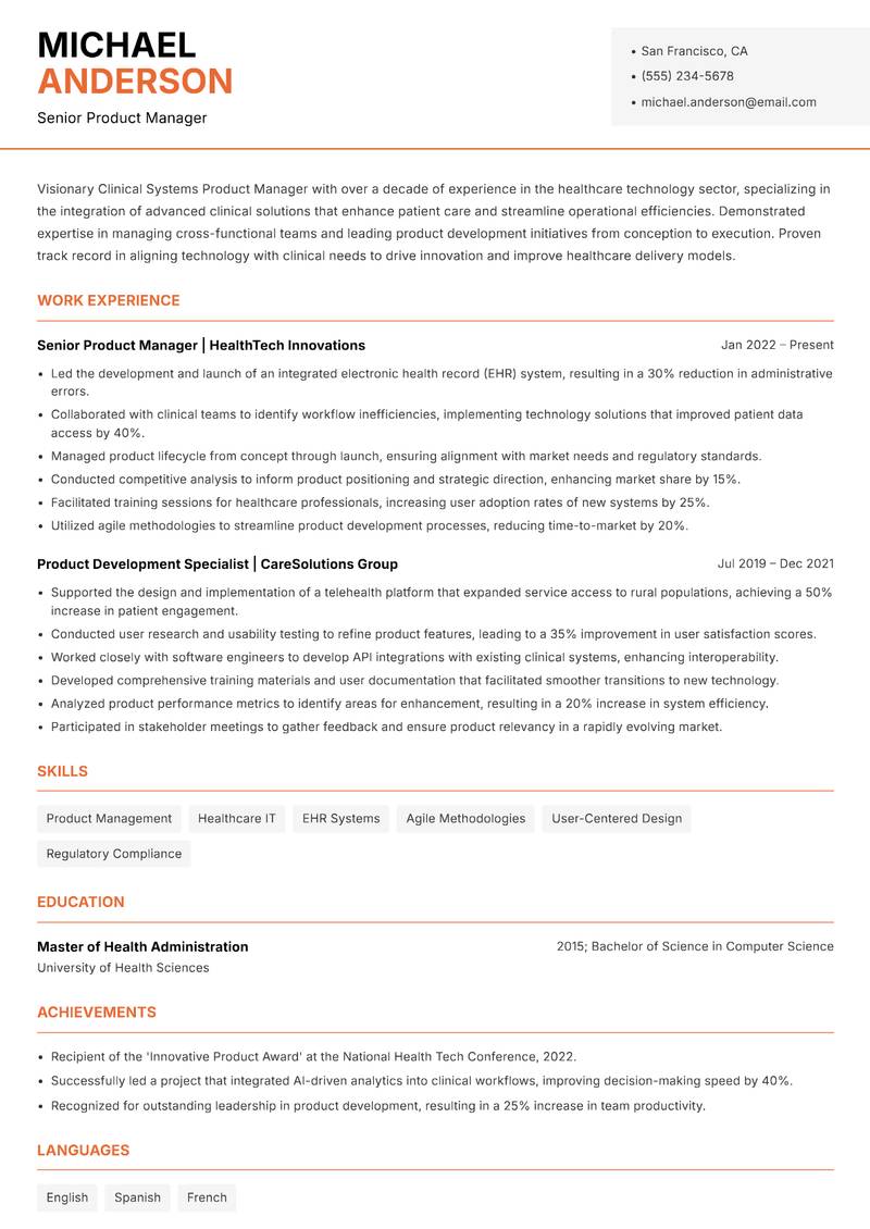 Clinical Systems Product Manager Resume Template
