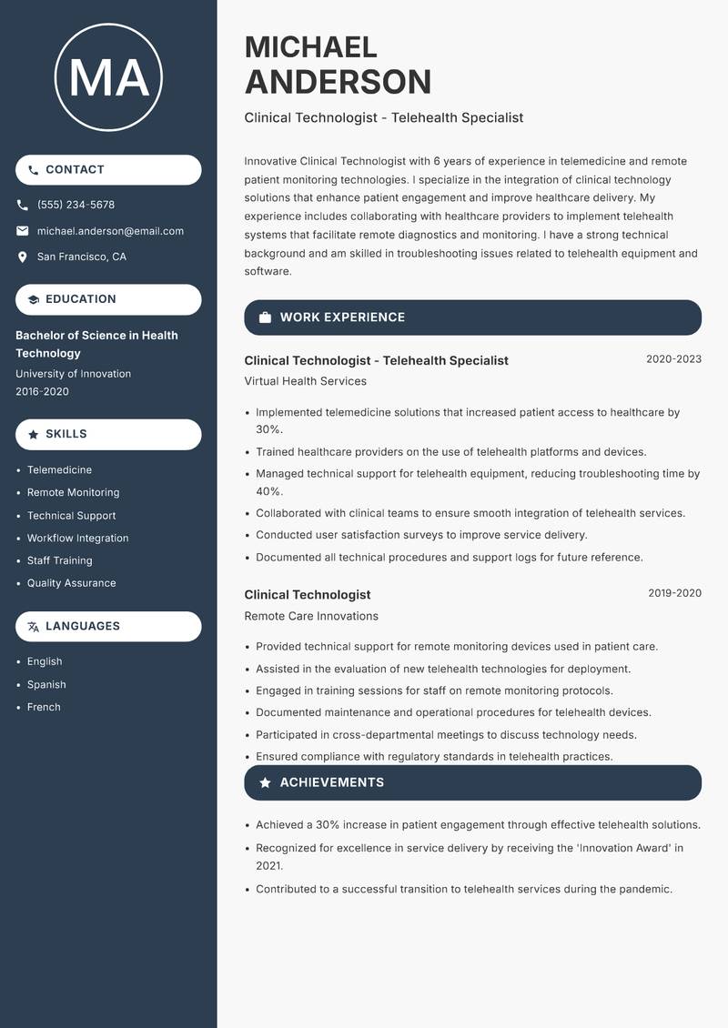 Clinical Technologist Resume Preview Example