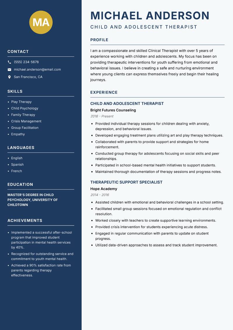 Clinical Therapist Resume Preview Example
