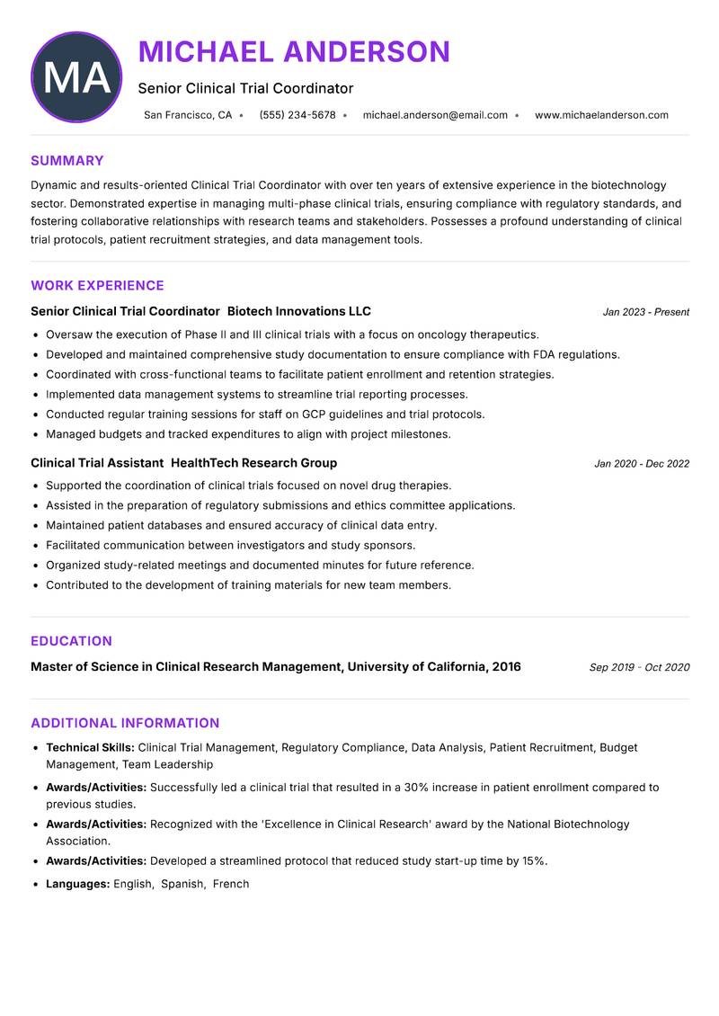 Clinical Trial Coordinator Biotechnology Resume Preview Example