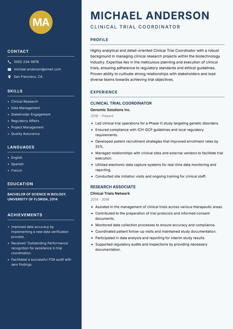 Clinical Trial Coordinator Biotechnology Resume Preview Example
