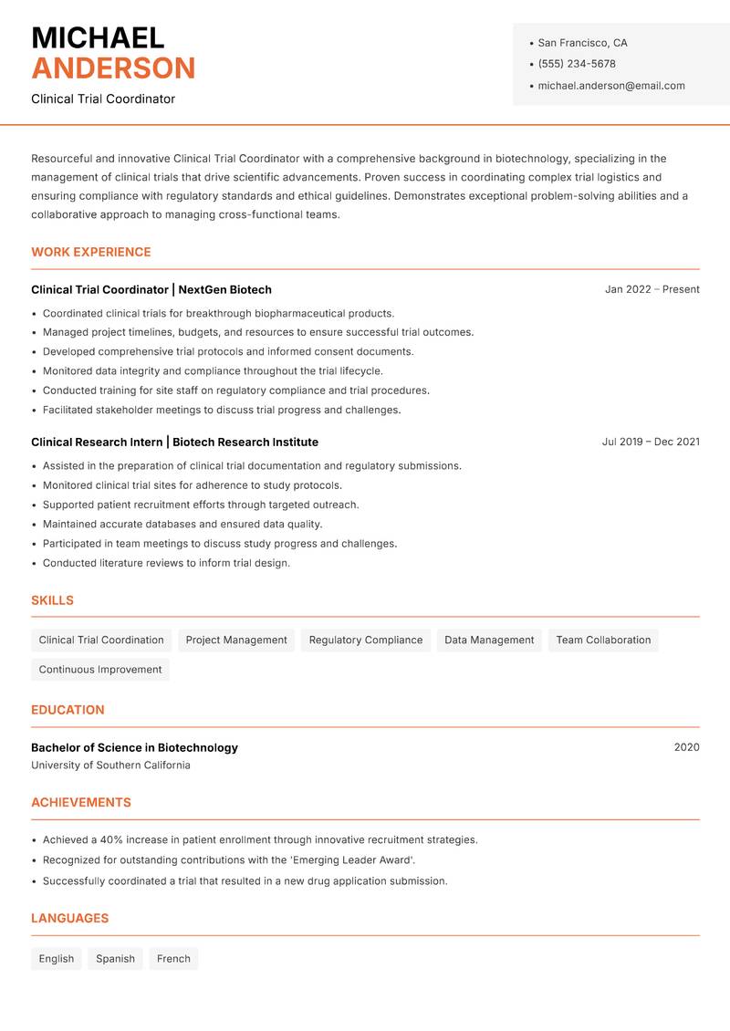 Clinical Trial Coordinator Biotechnology Resume Template