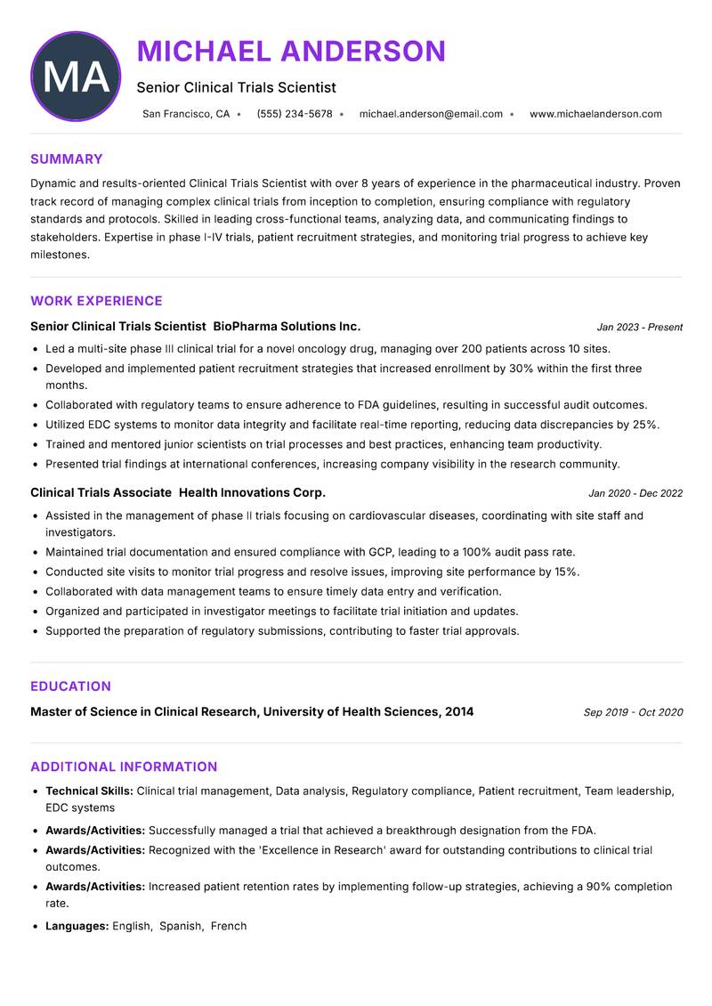 Clinical Trials Scientist Resume Preview Example
