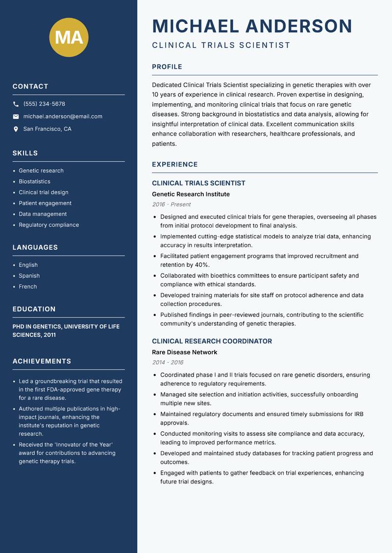 Clinical Trials Scientist Resume Preview Example
