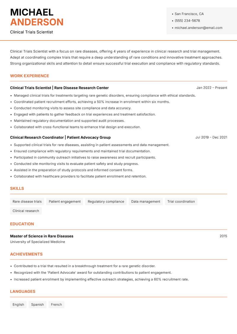 Clinical Trials Scientist Resume Template