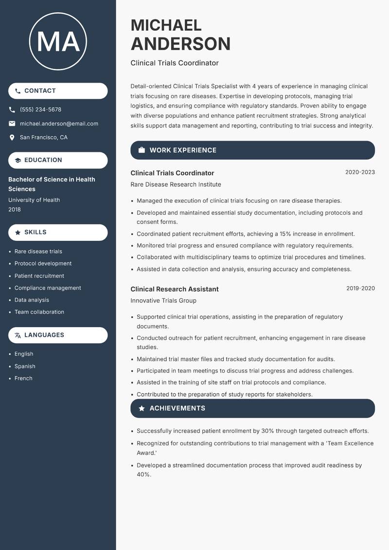 Clinical Trials Specialist Resume Preview Example