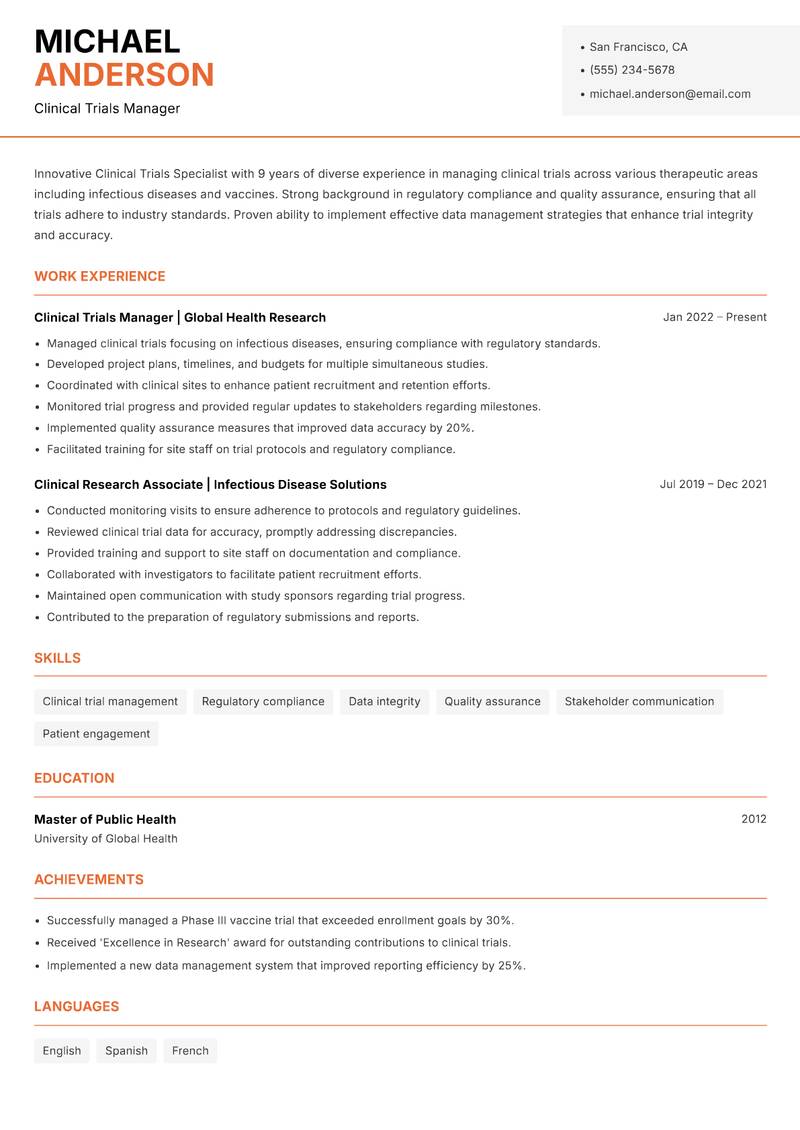 Clinical Trials Specialist Resume Template