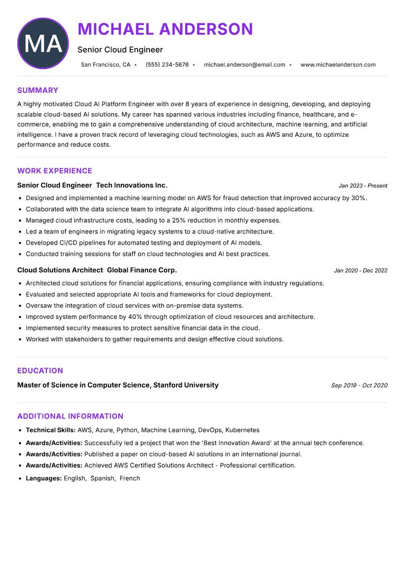 Cloud AI Platform Engineer Resume Preview Example