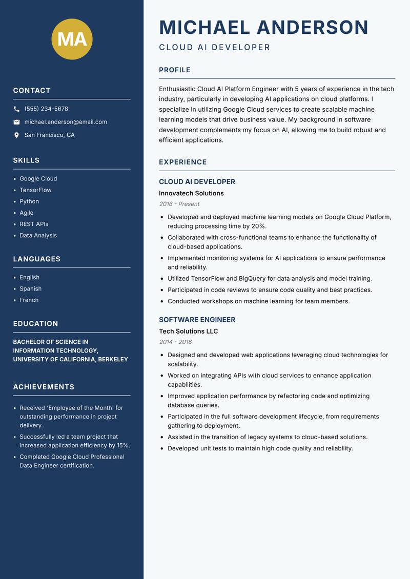 Cloud AI Platform Engineer Resume Preview Example