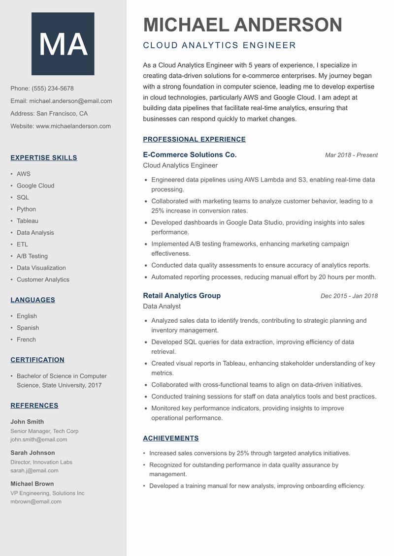 Cloud Analytics Engineer Resume Preview Example