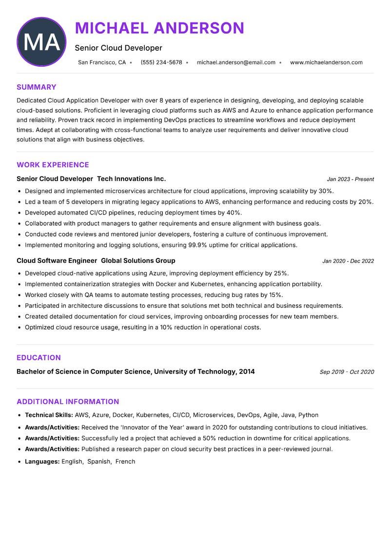 Cloud Application Developer Resume Preview Example