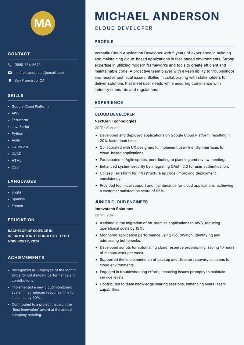 Cloud Application Developer Resume Preview Example