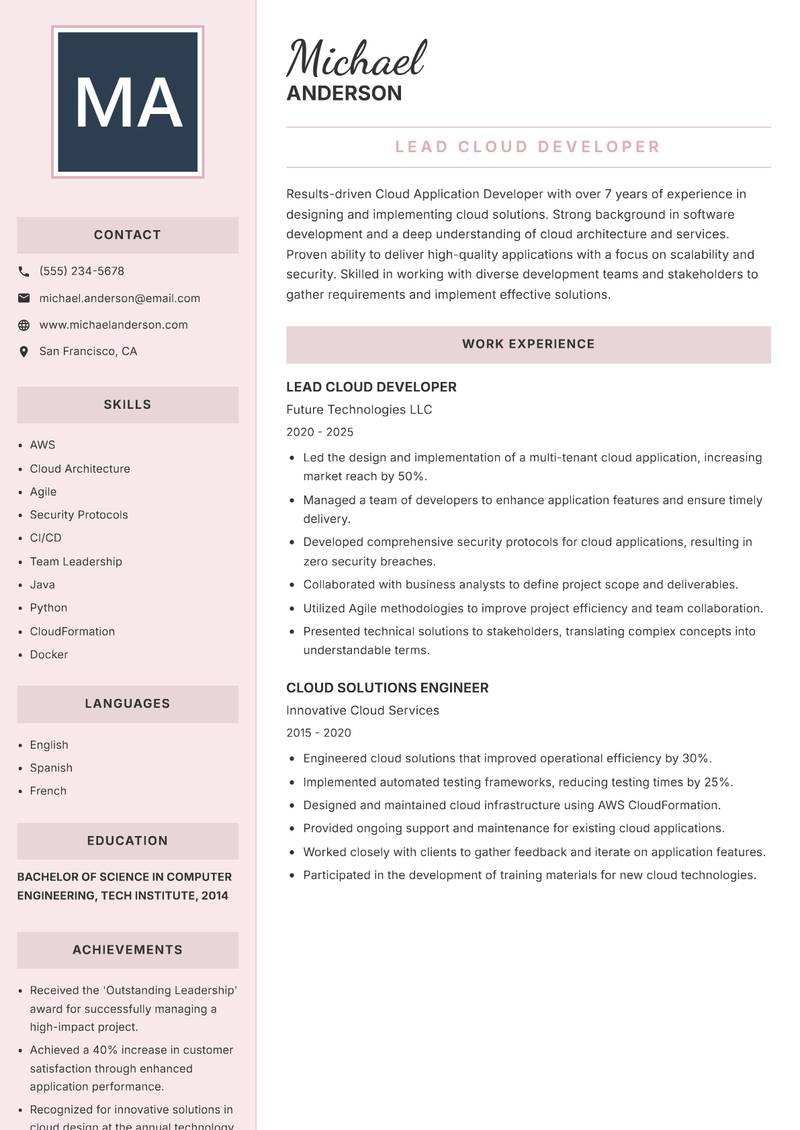 Cloud Application Developer Resume Preview Example