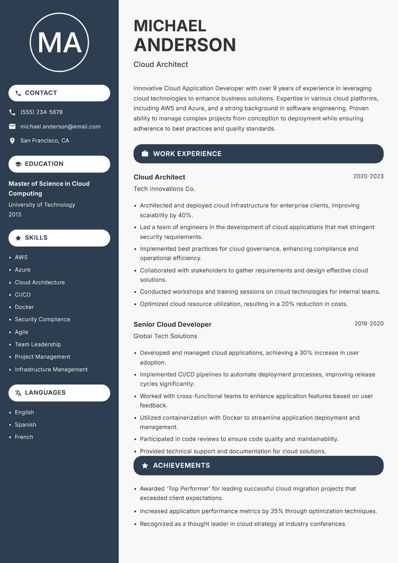 Cloud Application Developer Resume Preview Example