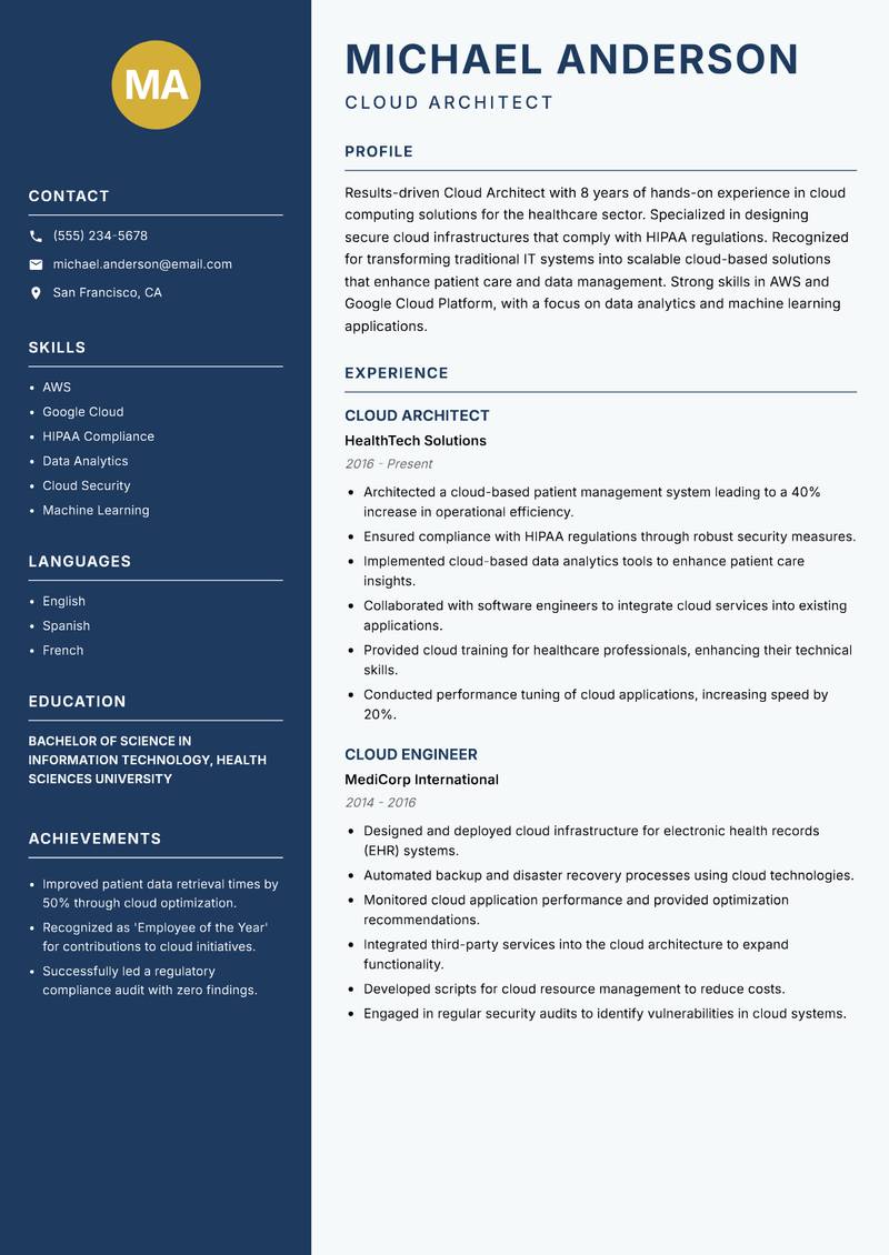 Cloud Architect Resume Preview Example