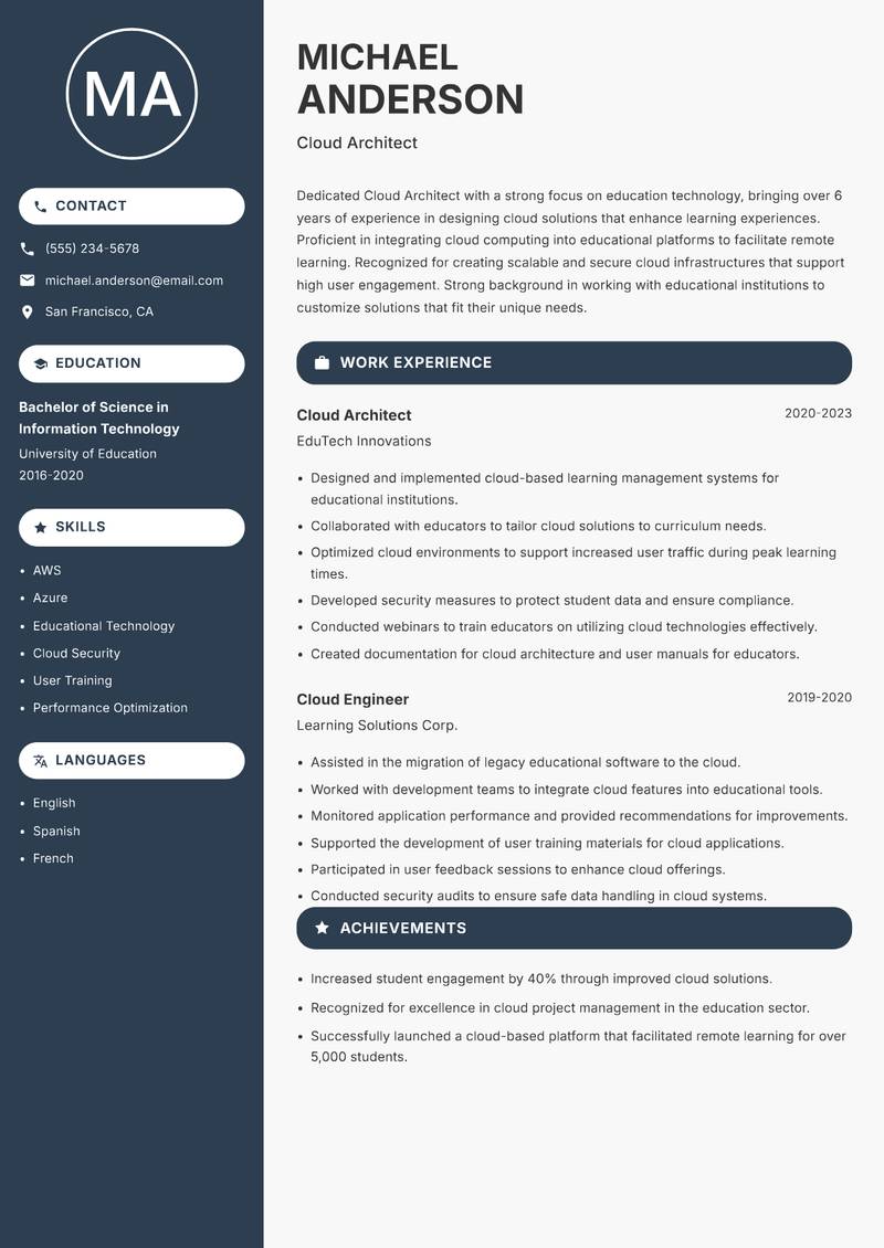 Cloud Architect Resume Preview Example