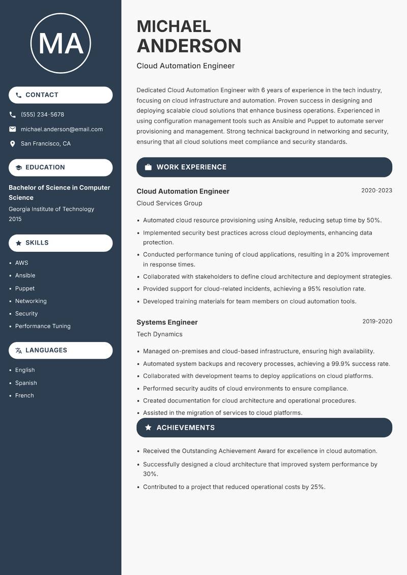 Cloud Automation Engineer Resume Preview Example