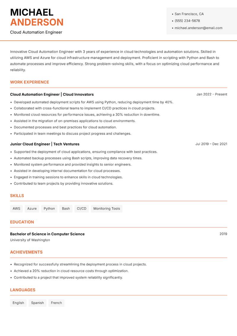 Cloud Automation Engineer Resume Template