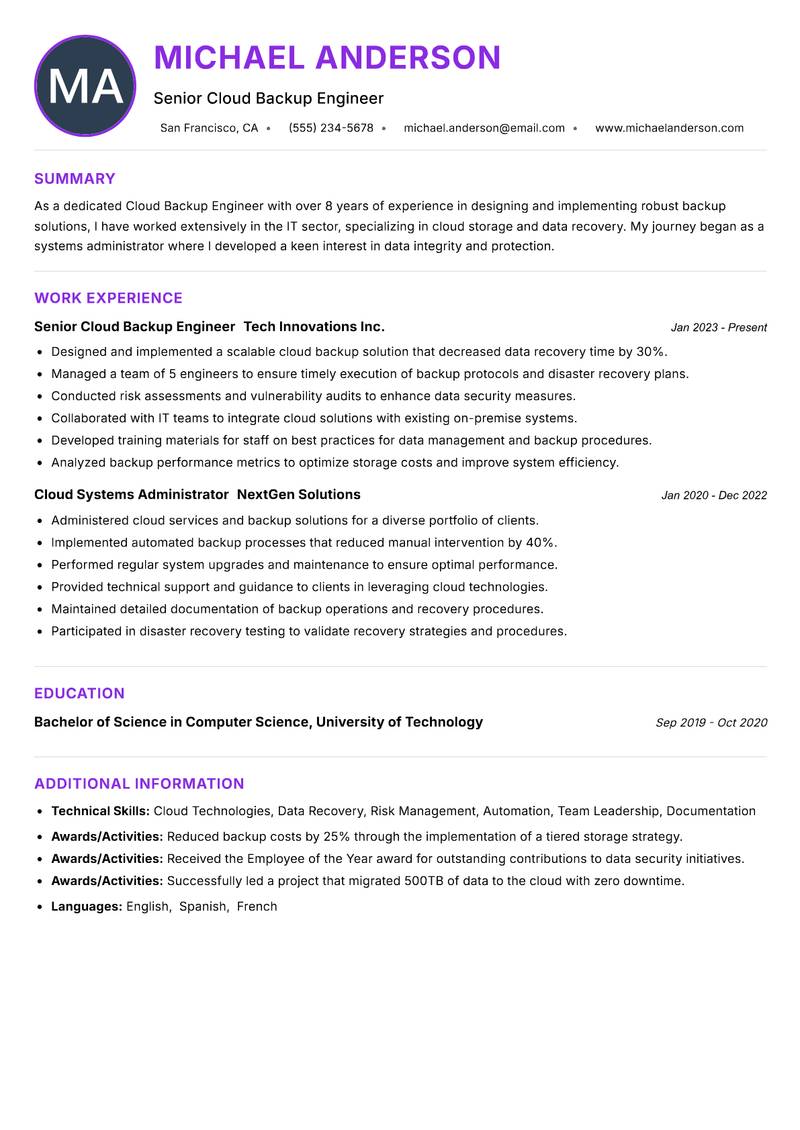 Cloud Backup Engineer Resume Preview Example