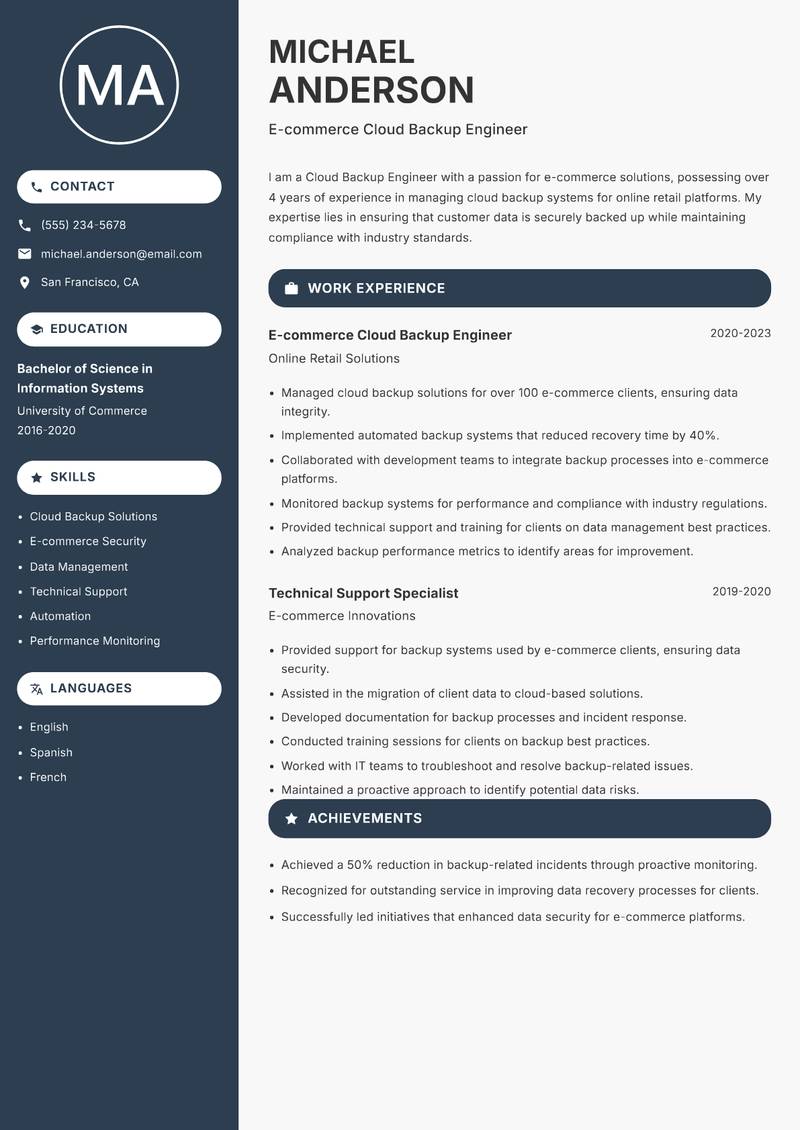Cloud Backup Engineer Resume Preview Example