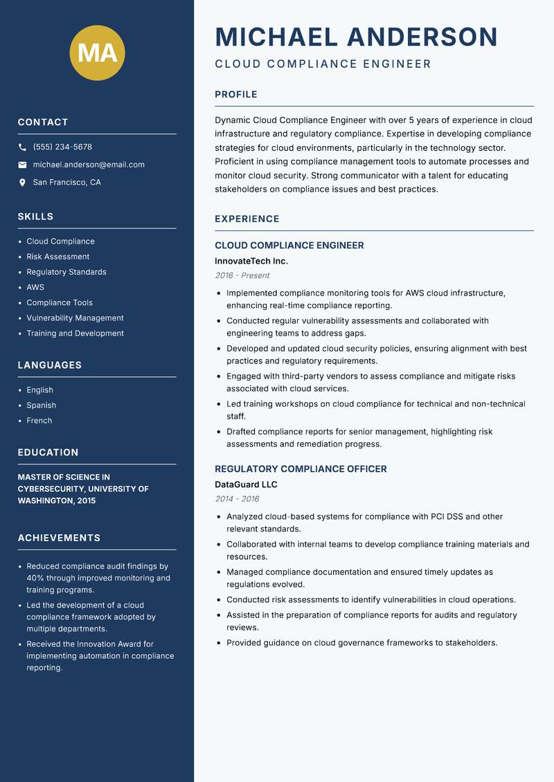 Cloud Compliance Engineer Resume Preview Example