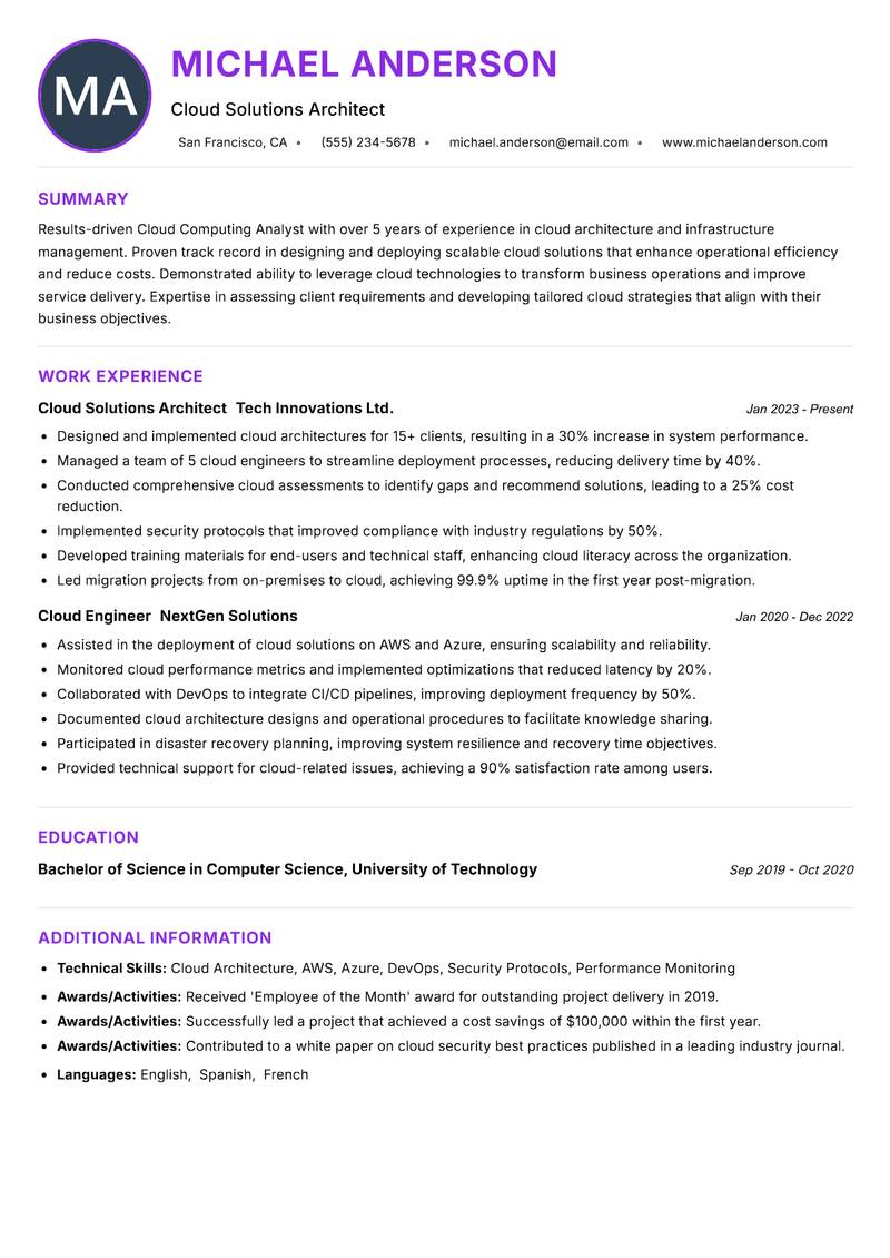 Cloud Computing Analyst Resume Preview Example