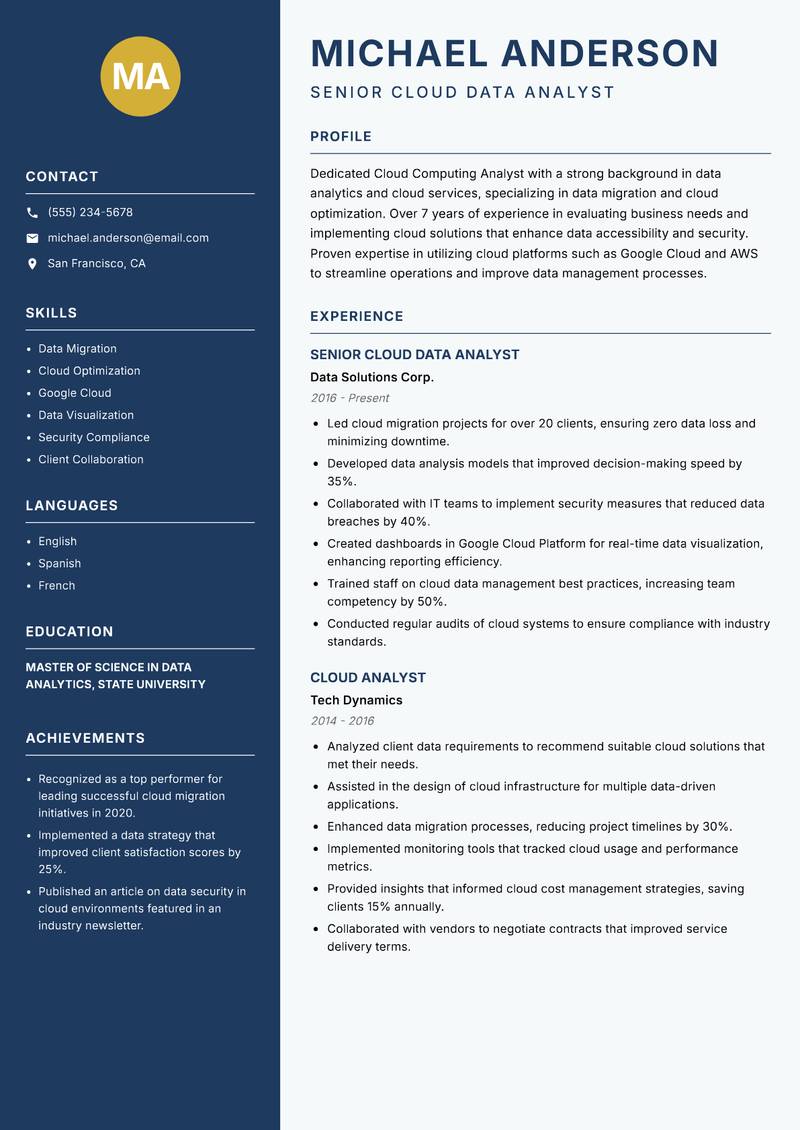 Cloud Computing Analyst Resume Preview Example
