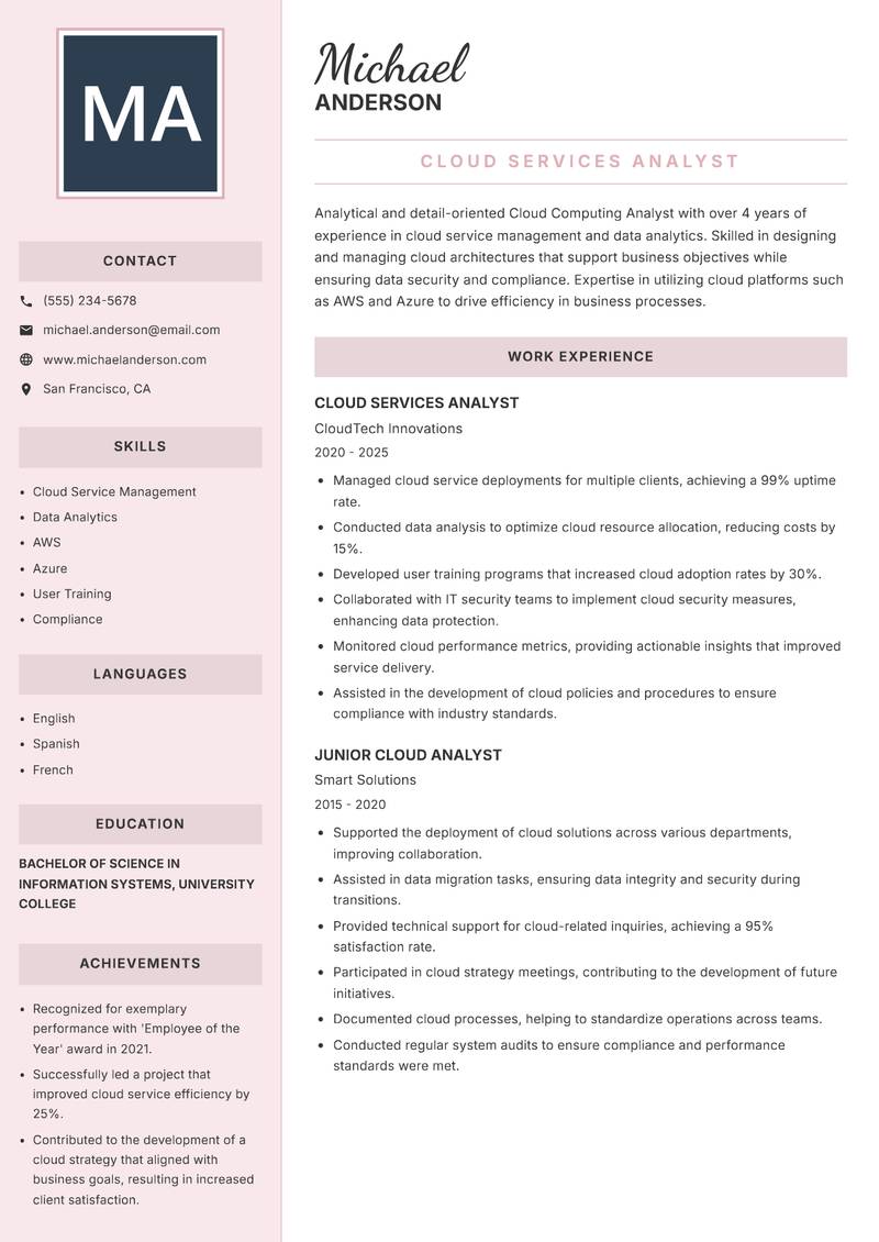 Cloud Computing Analyst Resume Preview Example