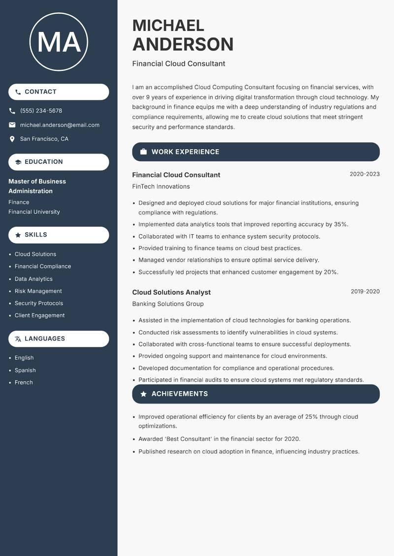 Cloud Computing Consultant Resume Preview Example