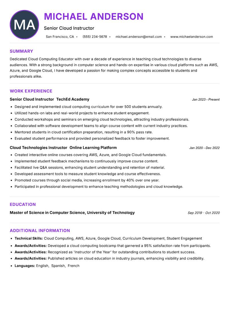 Cloud Computing Educator Resume Preview Example