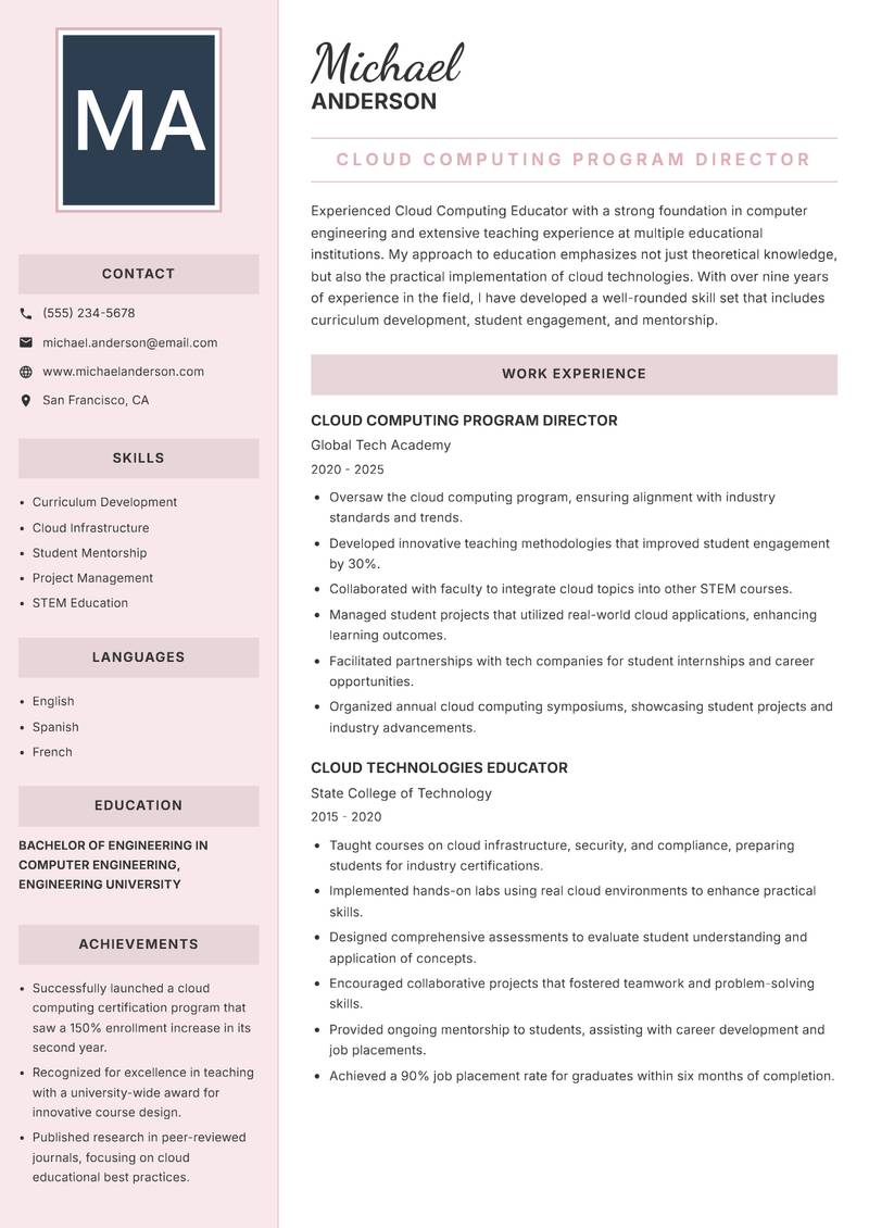 Cloud Computing Educator Resume Preview Example
