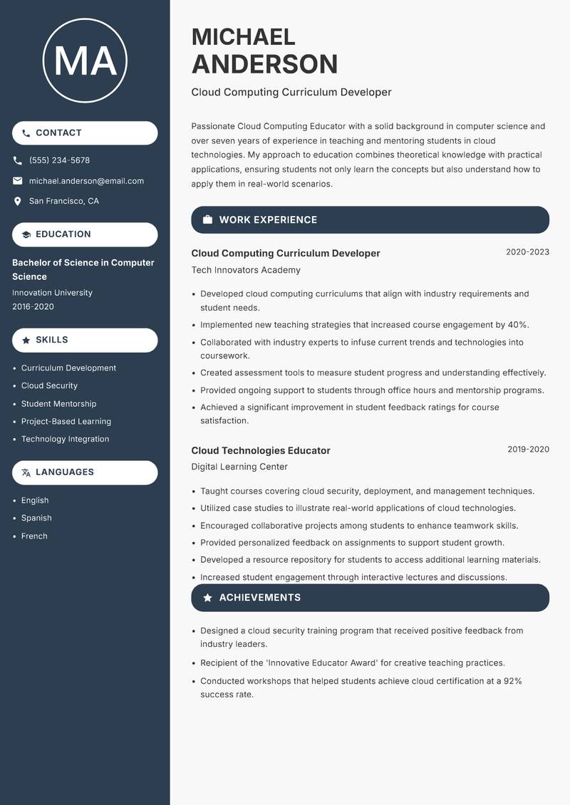 Cloud Computing Educator Resume Preview Example