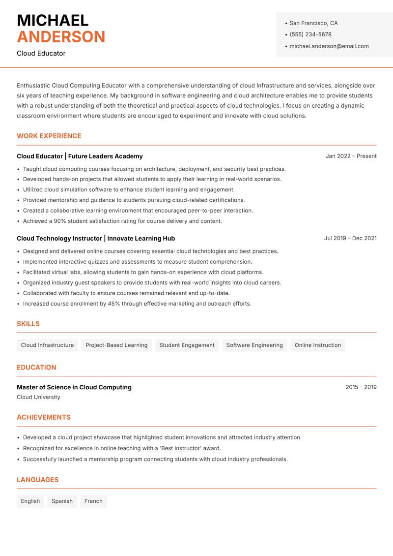Cloud Computing Educator Resume Template
