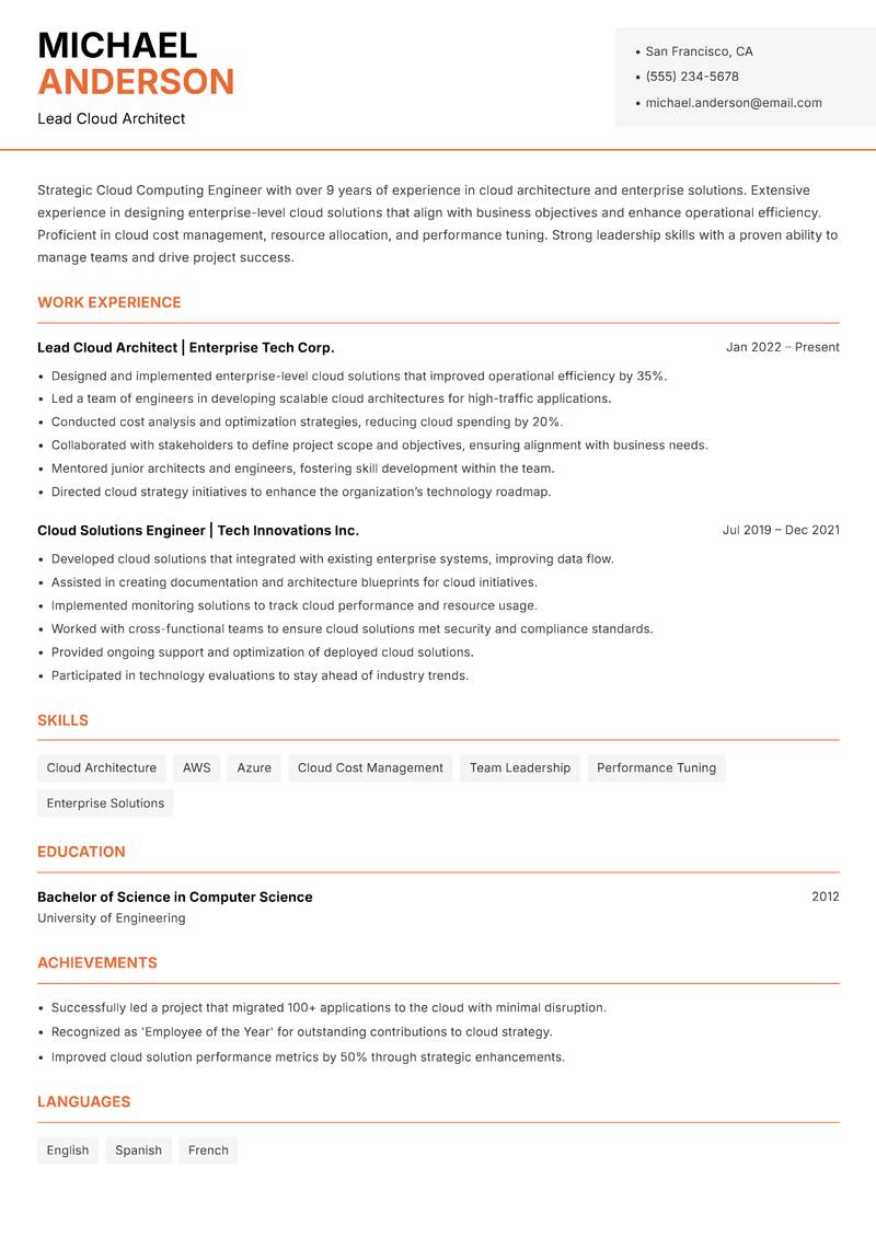 Cloud Computing Engineer Resume Template