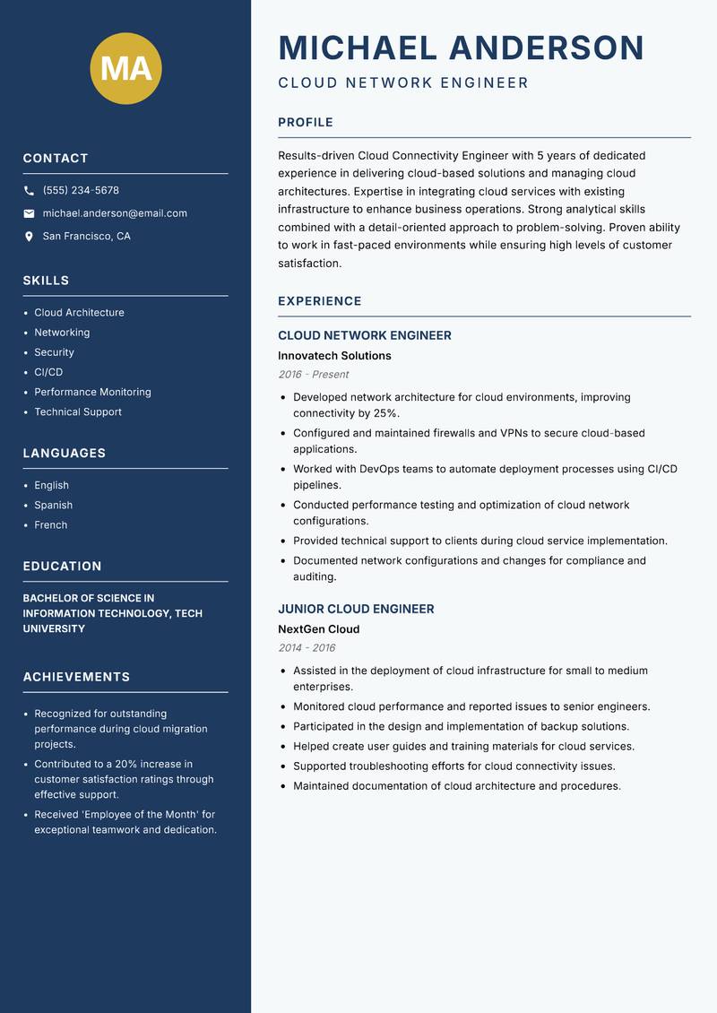Cloud Connectivity Engineer Resume Preview Example