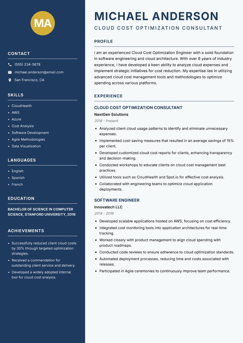 Cloud Cost Optimization Engineer Resume Preview Example