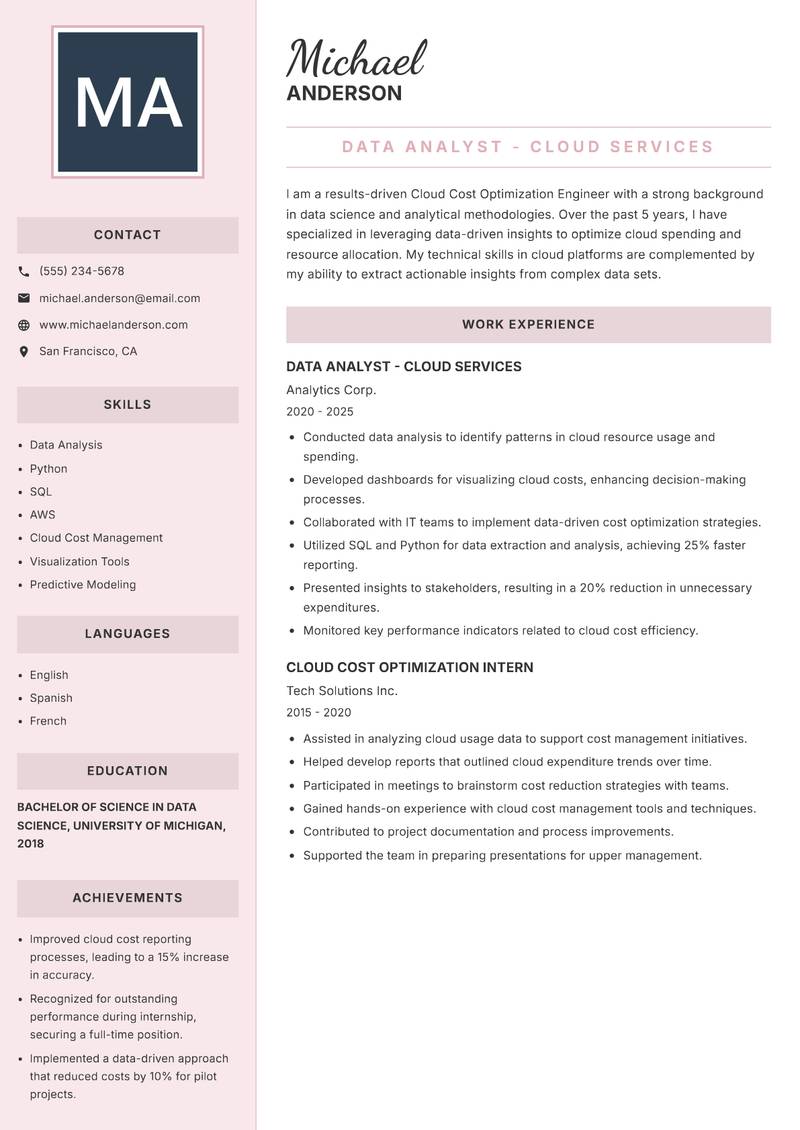 Cloud Cost Optimization Engineer Resume Preview Example