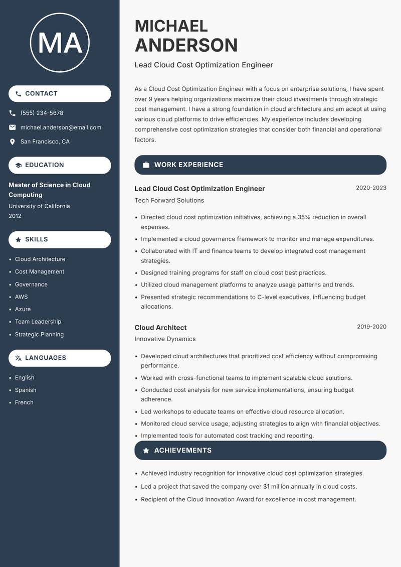 Cloud Cost Optimization Engineer Resume Preview Example
