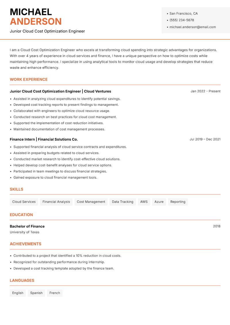Cloud Cost Optimization Engineer Resume Template