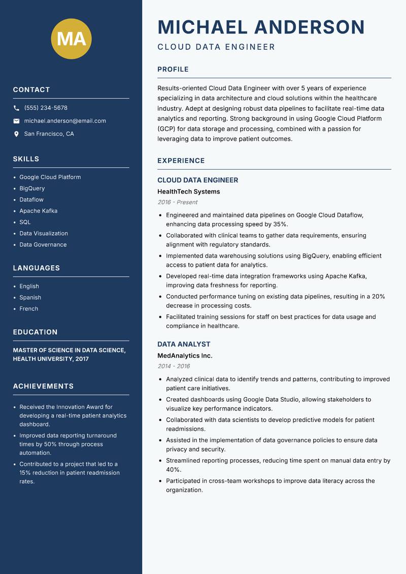 Cloud Data Engineer Resume Preview Example