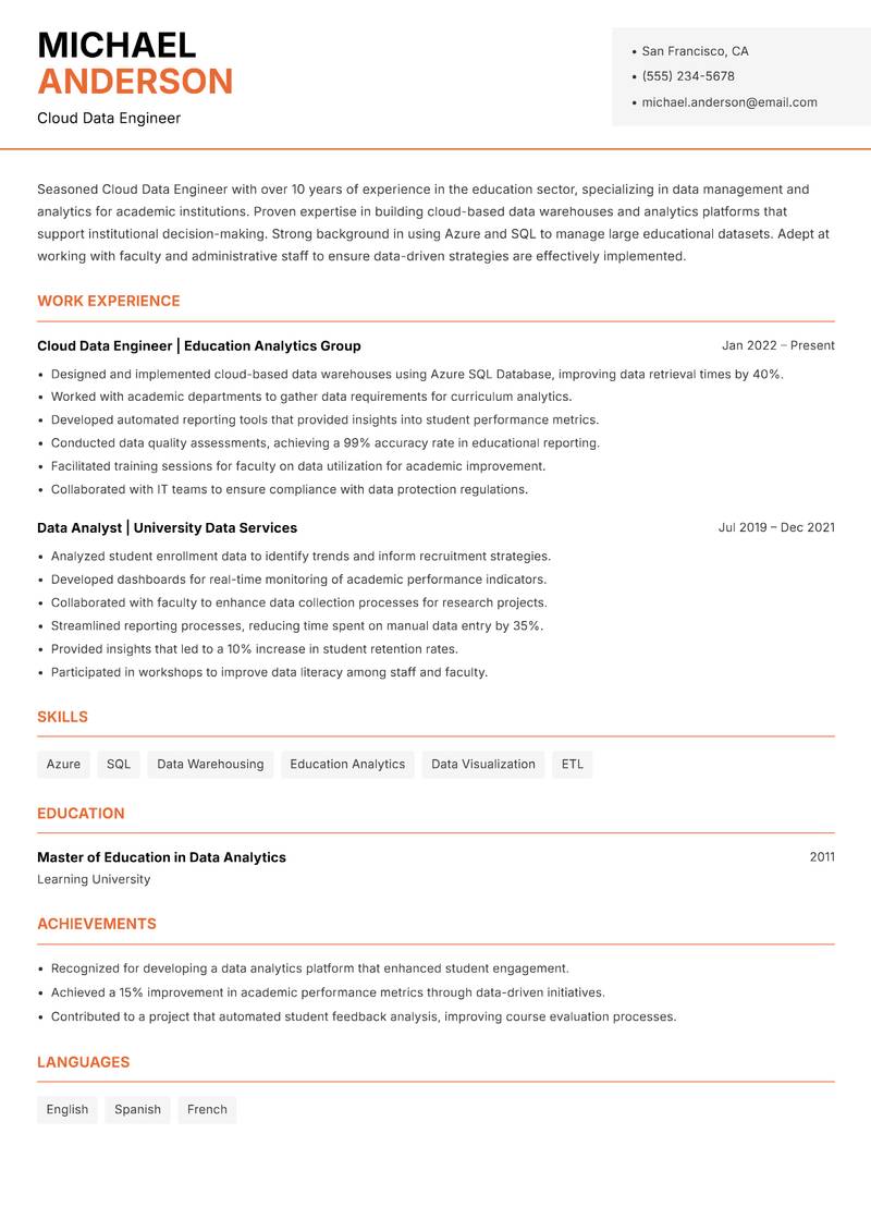 Cloud Data Engineer Resume Template
