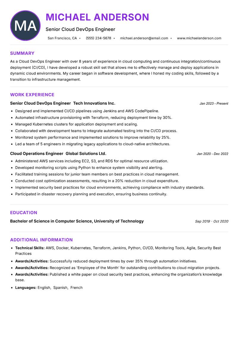 Cloud DevOps Engineer Resume Preview Example