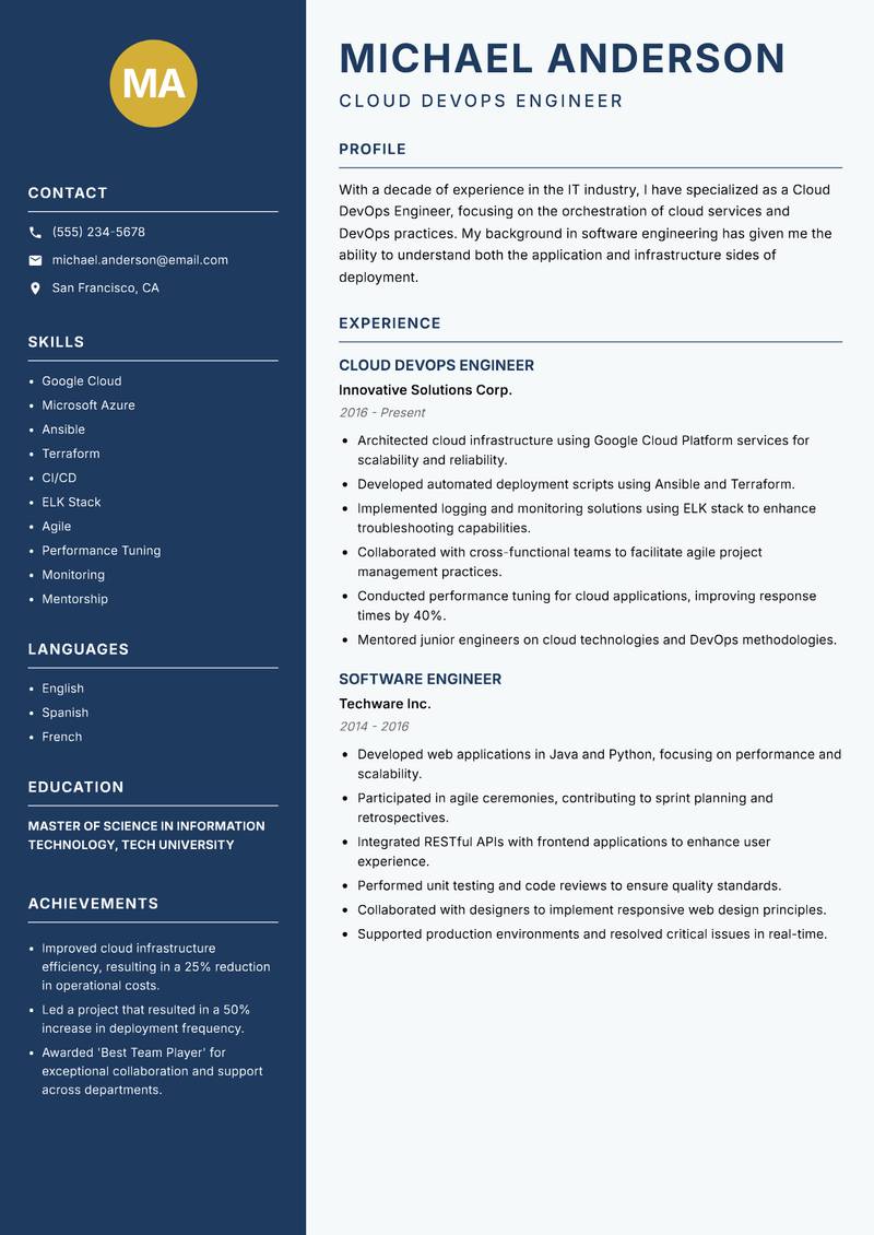 Cloud DevOps Engineer Resume Preview Example